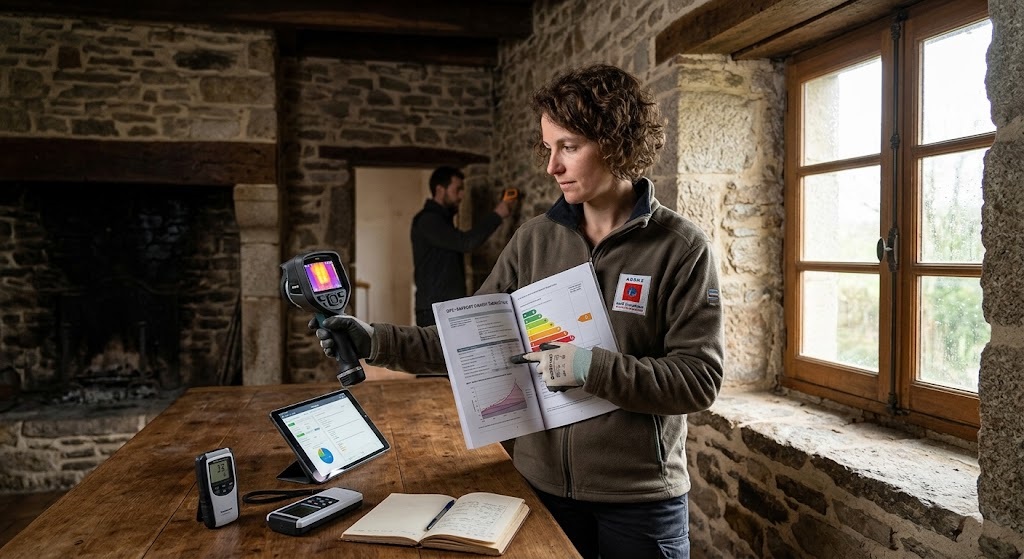 professionnel réalisant un audit énergétique d'une vielle maison