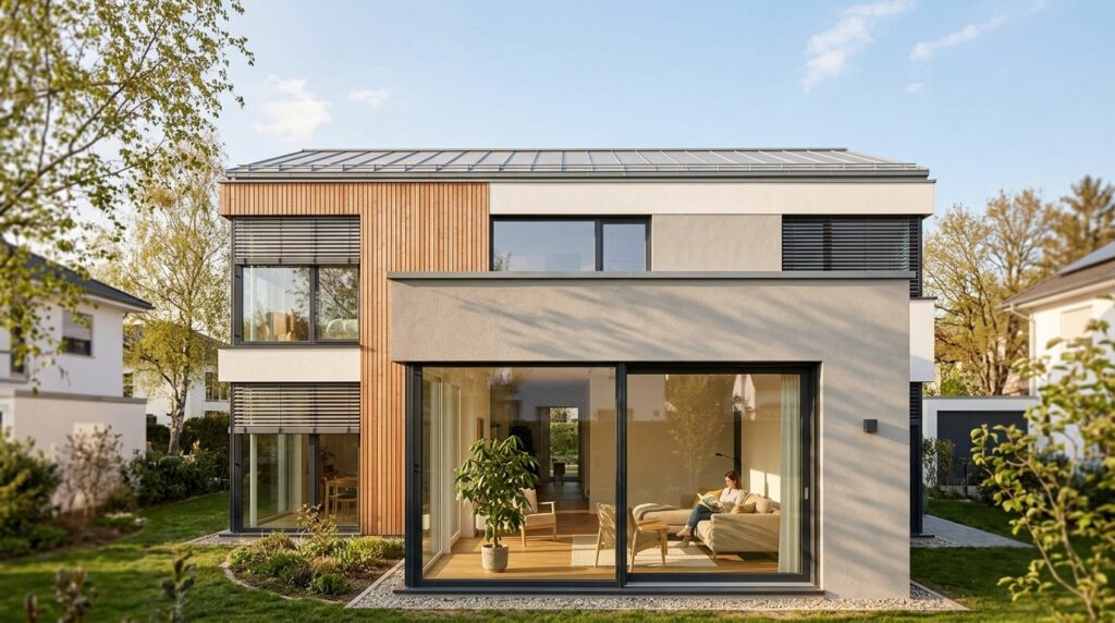 Maison contemporaine bien isolee avec grandes baies vitrees et brise-soleil orientables, offrant un confort thermique optimal en toute saison.