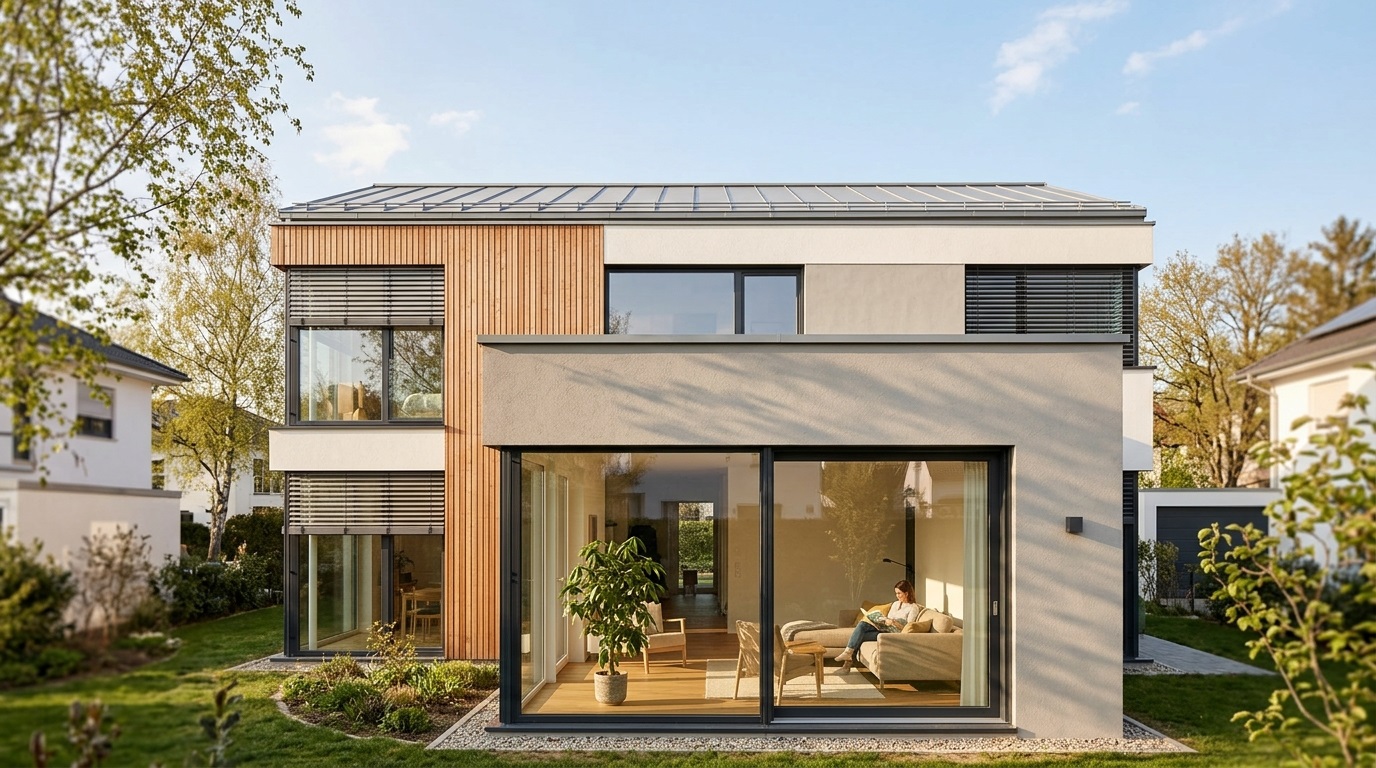 Maison contemporaine bien isolee avec grandes baies vitrees et brise-soleil orientables, offrant un confort thermique optimal en toute saison.