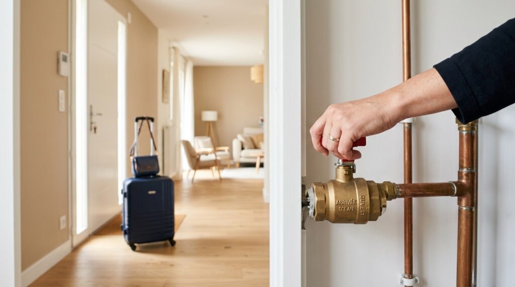 Main fermant le robinet d'arrivée d'eau dans une maison moderne avant un départ, pour prévenir les dégâts des eaux pendant une absence.