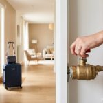 Main fermant le robinet d'arrivée d'eau dans une maison moderne avant un départ, pour prévenir les dégâts des eaux pendant une absence.