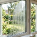 fenêtre en double vitrage dans un intérieur moderne, montrant de la buée et des gouttelettes d'eau emprisonnées entre les deux vitres.