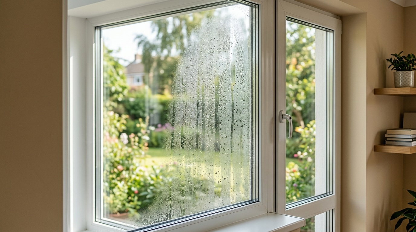 fenêtre en double vitrage dans un intérieur moderne, montrant de la buée et des gouttelettes d'eau emprisonnées entre les deux vitres.
