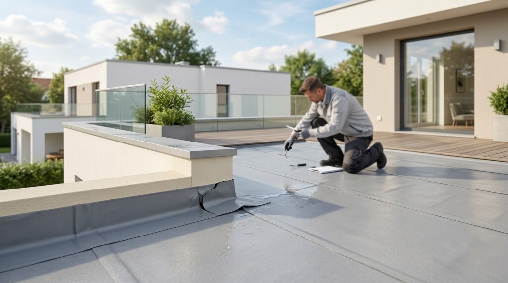 Inspection d'un défaut d'étanchéité avec membrane décollée et traces d'eau sur le toit-terrasse plat d'une maison contemporaine.