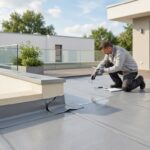 Inspection d'un défaut d'étanchéité avec membrane décollée et traces d'eau sur le toit-terrasse plat d'une maison contemporaine.