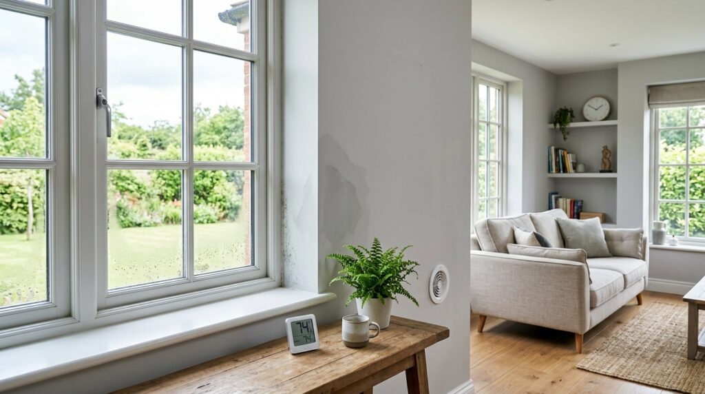 Intérieur d'une maison lumineuse montrant des signes d'humidité sur un mur près d'une fenêtre avec condensation. Un hygromètre sur une table en bois affiche un taux de 74 %. Un salon avec canapé est visible à l'arrière-plan.