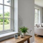 Intérieur d'une maison lumineuse montrant des signes d'humidité sur un mur près d'une fenêtre avec condensation. Un hygromètre sur une table en bois affiche un taux de 74 %. Un salon avec canapé est visible à l'arrière-plan.