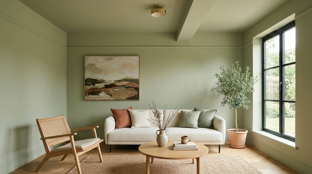 Salon contemporain lumineux avec murs et plafond peints dans la même teinte vert sauge doux