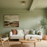 Salon contemporain lumineux avec murs et plafond peints dans la même teinte vert sauge doux