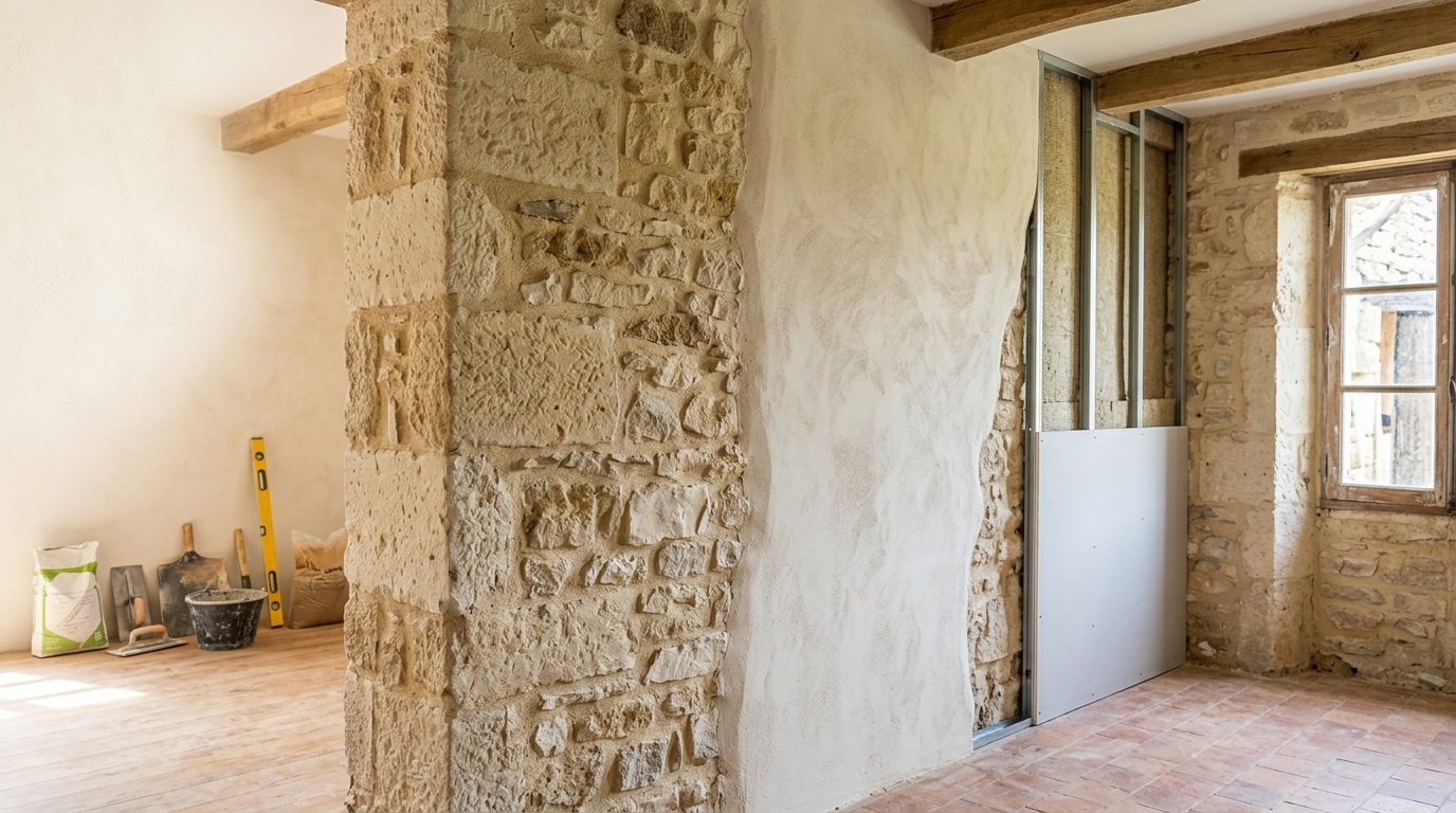 Rénovation d'un mur ancien en pierre naturelle avec enduit à la chaux clair et doublage intérieur sur ossature métallique.